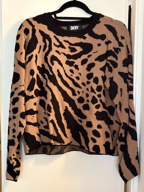 DKNY Animal Print Leopard Zebra Knit Sweater Black Tan M